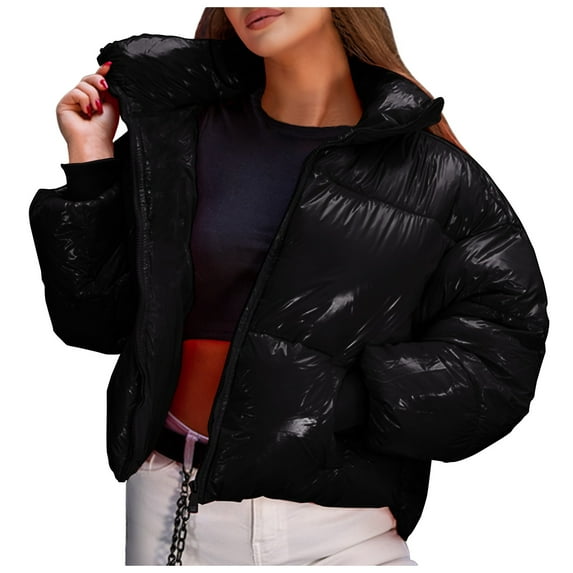 TAIAOJING Womens Puffer Coats Winter Shiny Stand-Up Collar Outwear Plus Size Solid Color Down Coat Long Sleeve Zipper Pocket Overcoat Warm Jacket