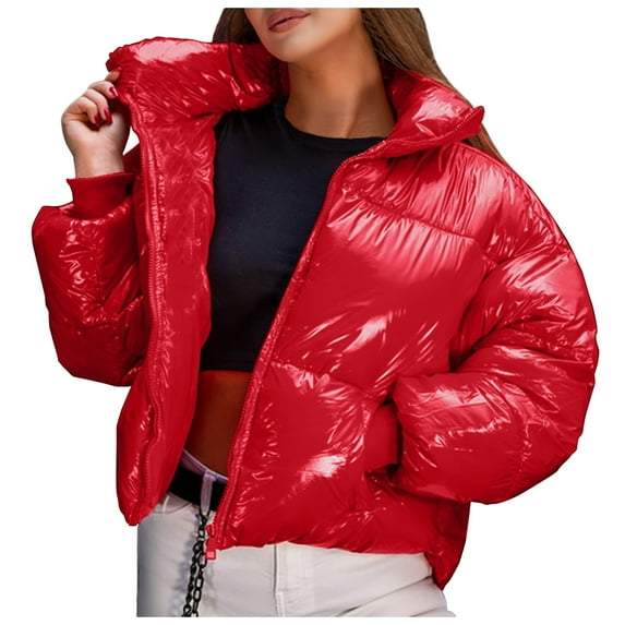 TAIAOJING Womens Puffer Coats Winter Shiny Stand-Up Collar Outwear Plus Size Solid Color Down Coat Long Sleeve Zipper Pocket Overcoat Warm Jacket
