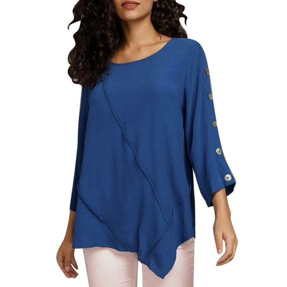 TAIAOJING Womens Summer Tops Crew Neck Casual Spring Autumn Long Sleeve Solid Color Button Chiffon Loose Fit Top