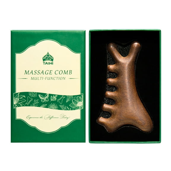 TAIHI 4-in-1 Gua Sha Tool for Face & Body Natural Green Sandalwood Massage Comb Lymphatic Drainage & Chin Lifting Head Massage Comb for Stress Relief, Home Office Self Care Gifts for Mom Girl Friend
