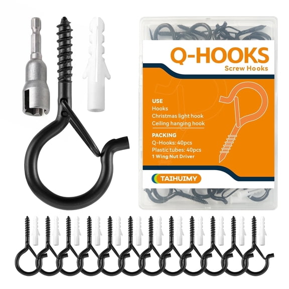 TAIHUIMY 40 Pack Q-Hanger Hooks for Outdoor String Lights, Eye Hooks Screw Christmas Rope Light Clips, Wall Cabinet Ceiling Hooks with Safety Buckle for Light Plants Wind Chimes