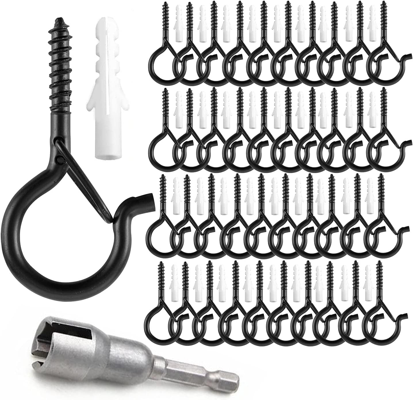TAIHUIMY 30 Pack Screw Hook Q-Hanger Hooks for Outdoor String Lights,  Hanging Eye Iron Hooks Christmas Rope Clips, Wall Wood Cabinet Ceiling for Light  Plants Wind Chimes, Include Wing Nut Driver 
