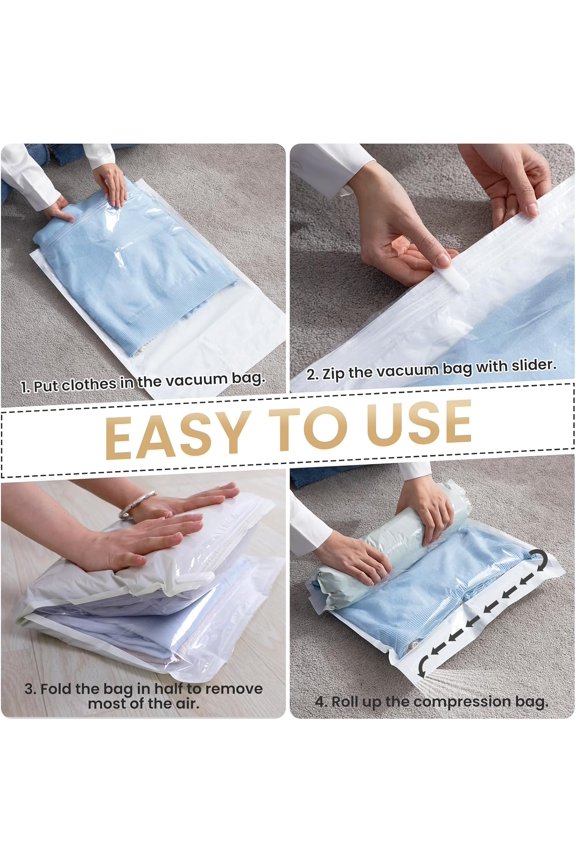 TAILI 12 Pack Travel Compression Bags, Roll Up Space Saver Bags (6 Large^ Medium), No Vacuum Needed Reusable Packing for Luggage, Suitcase, Backpack, Travel Essentials, Cream