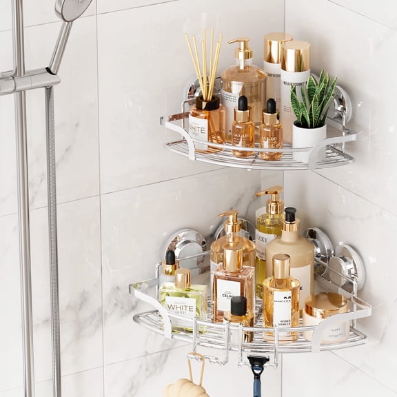 TAILI 2 pack Powerful Suction Cup Corner Shower Caddy Stainless Steel Rustproof Shower Shelf with Hook Drill-Free Wall Mounted Basket Large Capacity