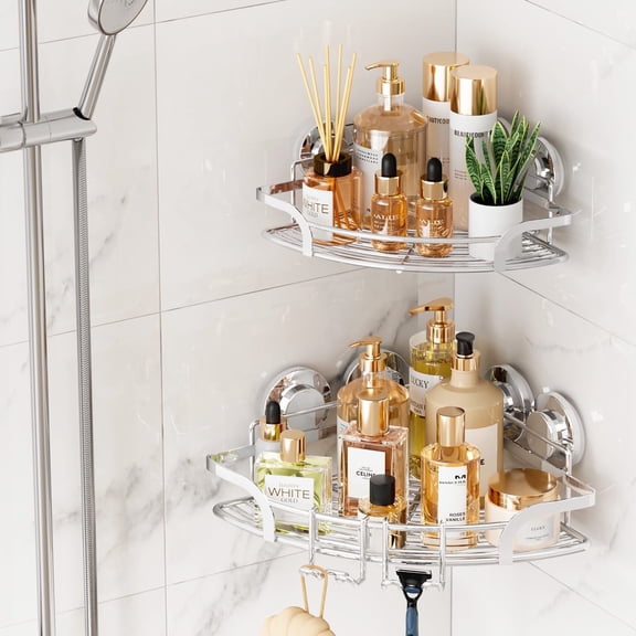 TAILI 2 pack Powerful Suction Cup Corner Shower Caddy Stainless Steel Rustproof Shower Shelf with Hook Drill-Free Wall Mounted Basket Large Capacity
