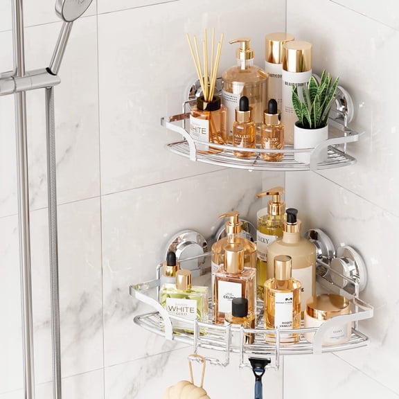 TAILI 2pcs Corner Shower Shelf, Stainless Steel Suction Cup Bathroom Organizer with Hooks