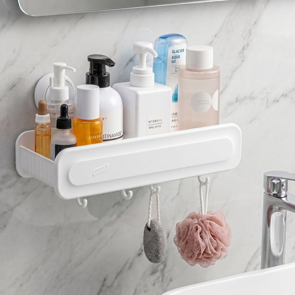 TAILI Suction Cup Shower Shelf Basket with Hooks , No-Drilling Removable Shower Organizer, White