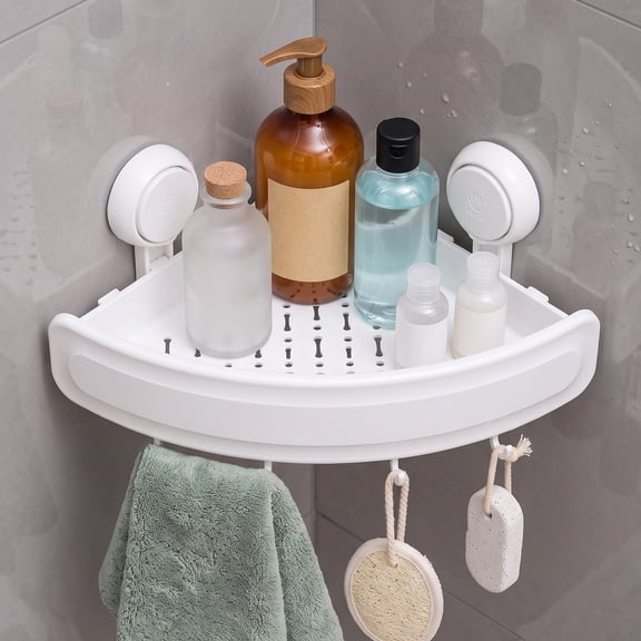 TAILI Suction Cup Corner Shower Caddy, White, Waterproof, with Hooks, No-Drilling, for Bathroom & Kitchen