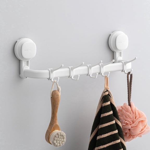 TAILI Suction Cup Towel Bar with 5 Hooks, Wall Mounted Drill-Free Heavy Duty Holder for Bathroom, White
