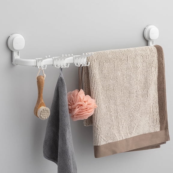 TAILI Suction Cup Towel Bar with 10 Hooks, 12-24 Inch Bathroom Wall Rack, Drill-Free Removable Heavy Duty Holder