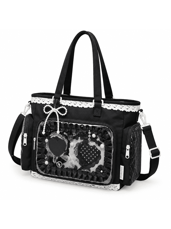 Black Ita Tote Crossbody Bag with Insert, Large Lace Clear Window Pin Display Bag, Kawaii Ruffle Ita Bag for Anime Convention(No Pins&Amp;Plushes)