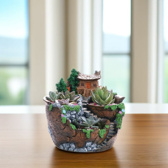 TAILTOSS 1Pack Resin Flower Pot Brown Orange 7.0x7.0x6.1in Creative Planting Pot For Office Desk Decor