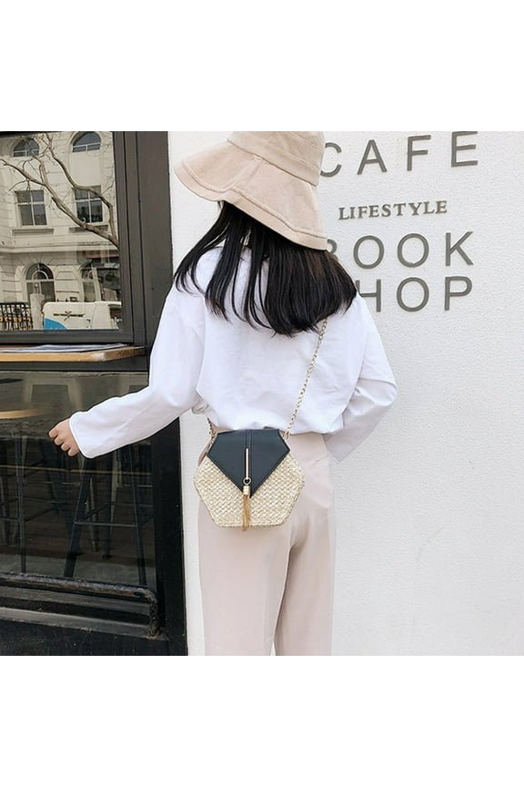 1Pc Women Straw Woven Tote Bag Handmade Polyester Material for Summer Beach Vacation 11.8x7.5x2.4in