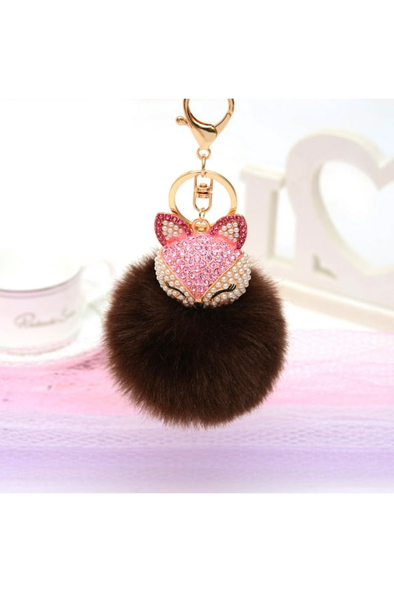 1Pcs Puff Keychain Dark Brown Fluffy Ball with Pearls Rhinestones Inlay for Women