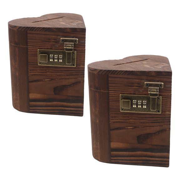 TAILTOSS 2Pcs Heart Shaped Wooden Cash Box with Password Lock Coffee Wood Grain Texture for Office Money Box