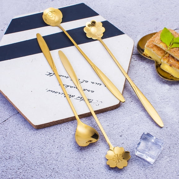 TAILTOSS 3Pcs Golden Stainless Steel Spoon With Petal Shaped Heads For Stirring And Mixing In Bar And Home