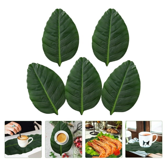 TAILTOSS 5Pcs Green Coated Cloth Leaf Shaped Placemats for Dining Table Decor and Heat Resistance