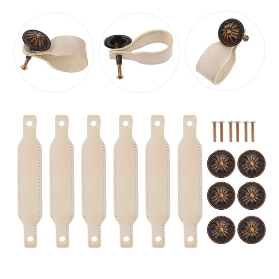 TAILTOSS 6Pcs Furniture Pull Knobs in Beige Leather for Cabinet and Door 15X3Cm