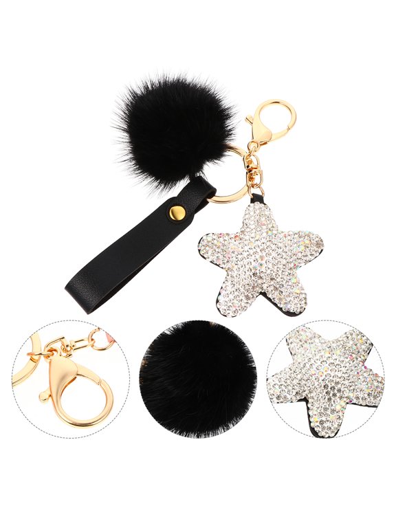 2Pcs Assorted Color Rhinestone Star Keychains with Fluffy Pom Pom for Bags and Keys