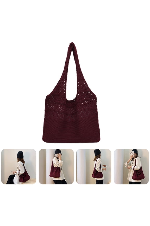 Dark Red Knitted Satchel Bag 40x32x2cm Polyester Storage Shoulder Strap Comfort 1Pcs