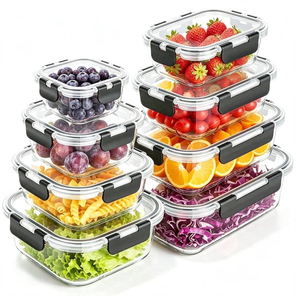 TAIMASI 16 Pcs Glass Food Storage Containers with Lids, Airtight Snap Lock Borosilicate Glass Meal Prep Containers, Microwave Oven Freezer Dishwasher Safe, BPA Free Kitchen Storage Set,Black