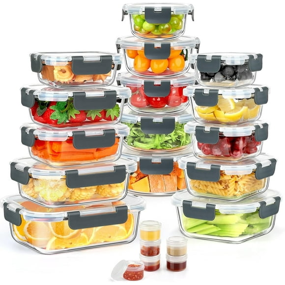 TAIMASI 42 Pcs Glass Food Storage Containers Set with Snap Locking Lids, 21 Containers & 21 Lids, Glass Meal Prep Lunch Box Containers, Grey