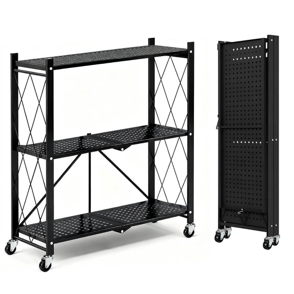 TAIMASI 3-Tier Foldable Metal Shelf with Wheels, Heavy-Duty Movable Wire Rack for Garage, Kitchen, Basement, Pantry Storage, 28''L x 13.4''W x 34.7''H-Black