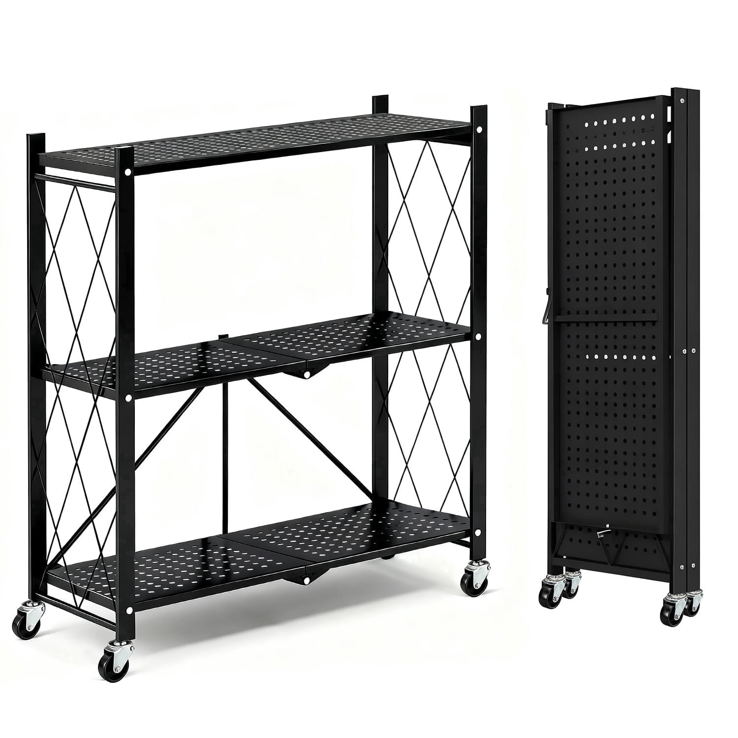 TAIMASI 3-Tier Foldable Metal Shelf with Wheels, Heavy-Duty Movable Wire Rack for Garage, Kitchen, Basement, Pantry Storage, 28''L x 13.4''W x 34.7''H-Black