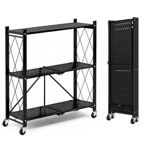TAIMASI 3-Tier Foldable Metal Shelf with Wheels, Heavy-Duty Movable Wire Rack for Garage, Kitchen, Basement, Pantry Storage, 28''L x 13.4''W x 34.7''H-Black