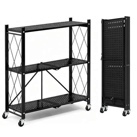 TAIMASI 3-Tier Foldable Metal Shelf with Wheels, Heavy-Duty Movable Wire Rack for Garage, Kitchen, Basement, Pantry Storage, 28''L x 13.4''W x 34.7''H-Black