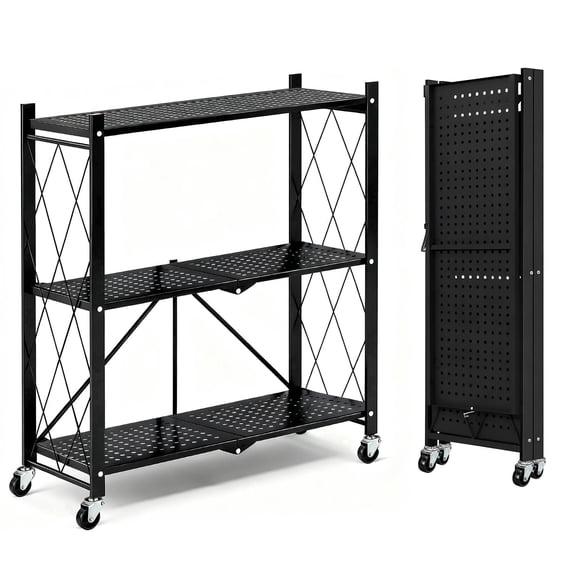 TAIMASI 3-Tier Foldable Metal Shelf with Wheels, Heavy-Duty Movable Wire Rack for Garage, Kitchen, Basement, Pantry Storage, 28''L x 13.4''W x 34.7''H-Black