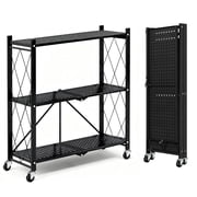 TAIMASI 3-Tier Foldable Metal Shelf with Wheels, Heavy-Duty Movable Wire Rack for Garage, Kitchen, Basement, Pantry Storage, 28L x 13.4W x 34.7H-Black