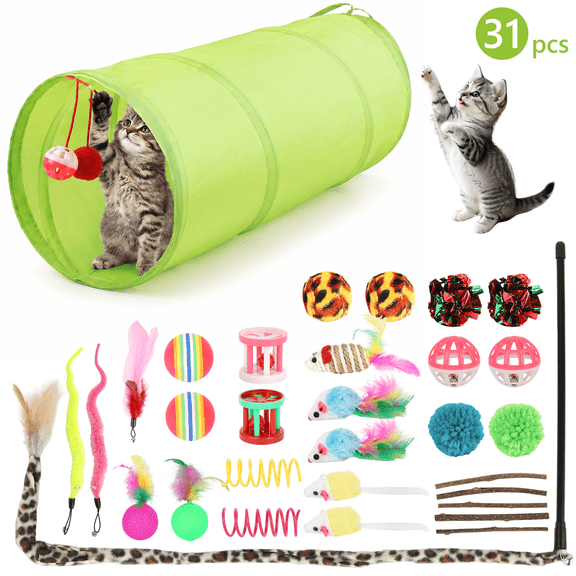 TAIMASI 31 Pcs Cat Toys Kitten Toys, Assorted Interactive Cat Toys Set with Collapsible Cat Tunnel, Teaser Wand, Fluffy Mouse Toy, Crinkle Balls