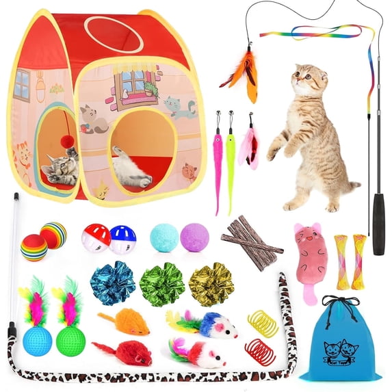 TAIMASI 34Pcs Cat Toys Kitten Toys, Interactive Kitty Toys with Collapsible Cat Tunnels Tent, Cat Wand Catnip Feather Teaser