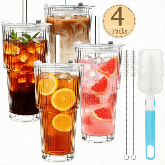 TAIMASI 4-Pack Ribbed Glass Tumblers with Lids, Straws and Cleaning Brush, 20oz Leakproof for Iced CoffeeCocktails, Juice