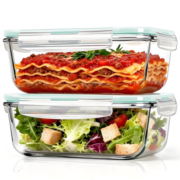 TAIMASI 4 Pcs Glass Food Storage Containers Set, 8 Cup/63 Oz Baking Containers with Leak-Proof Lids (2 containers + 2 Lids), Meal Prep, Lunch Box, Light Green