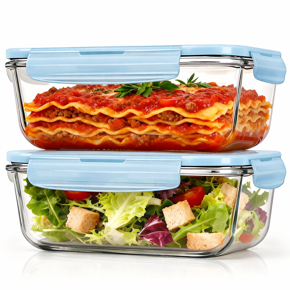 TAIMASI 4 Pcs Glass Food Storage Containers Set, 8 Cup/63 Oz Baking Containers with Leak-Proof Lids (2 containers + 2 Lids), Meal Prep, Lunch Box, Blue