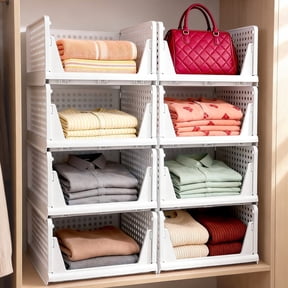 Taimasi 5 Pack Stackable Closet Storage Basket, Multifunctional Foldable Closet Organizer for Kitchen Bathroom Laundry Room Wardrobe Storage, Space-Saving Clothes Storage Drawer Organizer, White
