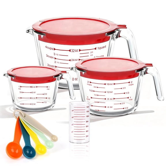 TAIMASI 9 Pcs Glass Measuring Cups Set with Lids, 4-Cup, 2-Cup, 1-Cup, 5 oz Liquid Measuring Cups & 5 Measuring Spoons | Microwave, Freezer & Dishwasher Safe