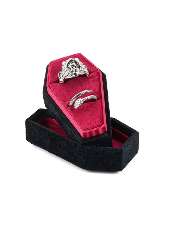 Gothic Style Ring Box For Women And Men, Velvet 2 Slots Ring Case,Coffin Shape Ring Box Holder(Black-Red)