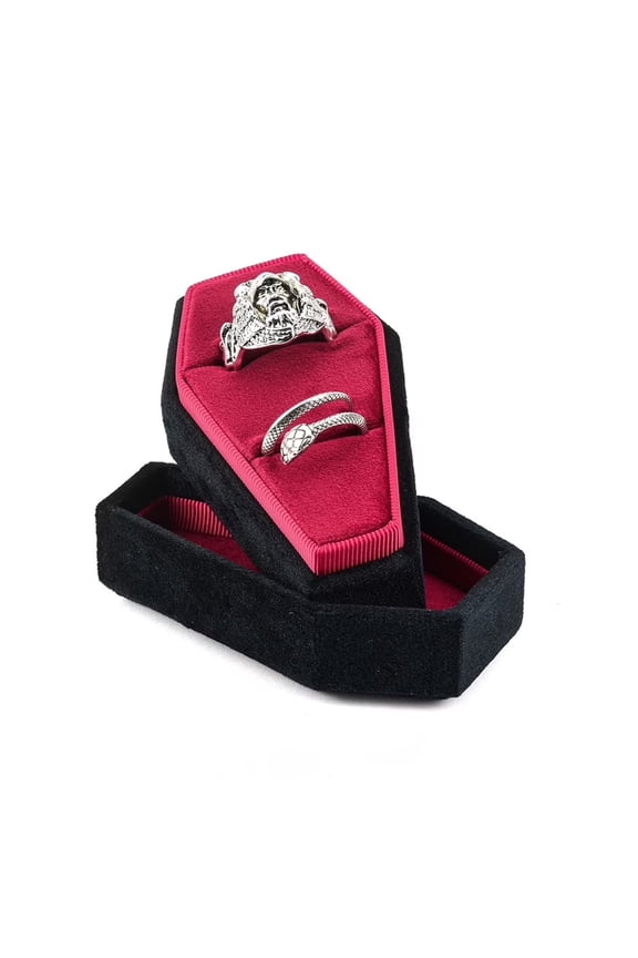 Gothic Style Ring Box For Women And Men, Velvet 2 Slots Ring Case,Coffin Shape Ring Box Holder(Black-Red)
