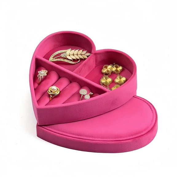 TAIMY  Travel Jewelry Box, Heart-Shaped Velvet Storage Tray, for Rings, Earrings, and Necklaces, Gift for Women and Girls(Bright Pink)