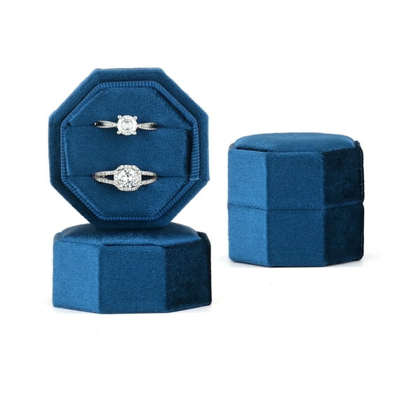 TAIMY Velvet Jewelry Ring Box, double-slotted octagonal ring gift box, Gift Box with Detachable Lid for，suitable for weddings, proposals, engagements, and other occasions(Dark Blue)