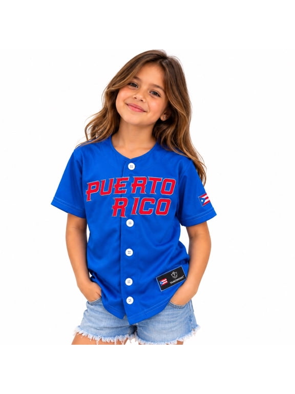 Puerto Rico Baseball Embroidery Jersey for children, Baseball # 21 Boricua Blue, button Jersey Short Sleeve for boys and girls