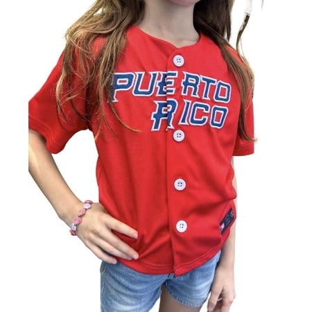 Puerto Rico Embroidered Baseball Jersey for Kids (Sizes 2–14), Red Button-Up, Sleeve Patches