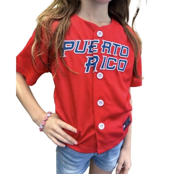 Puerto Rico Embroidered Baseball Jersey for Kids (Sizes 2–14), Red Button-Up, Sleeve Patches