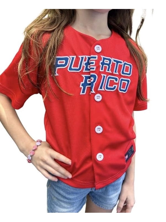 Puerto Rico Embroidered Baseball Jersey for Kids (Sizes 2–14), Red Button-Up, Sleeve Patches