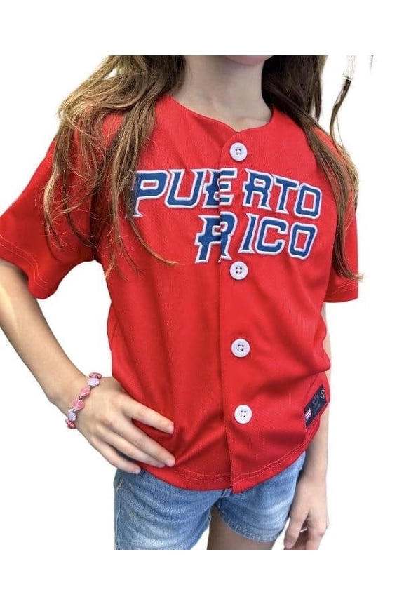 Puerto Rico Embroidered Baseball Jersey for Kids (Sizes 2–14), Red Button-Up, Sleeve Patches