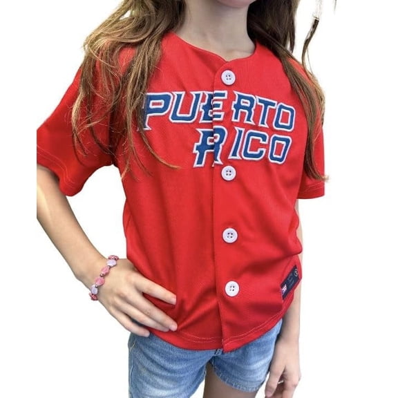 Puerto Rico Embroidered Baseball Jersey for Kids (Sizes 2–14), Red Button-Up, Sleeve Patches SIZE 4