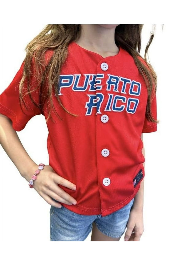 Puerto Rico Embroidered Baseball Jersey for Kids (Sizes 2–14), Red Button-Up, Sleeve Patches SIZE 2